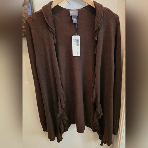 Chico's Sweaters - NWT Chico's Chocolate Brown Ruffled Open Cardigan Size 0